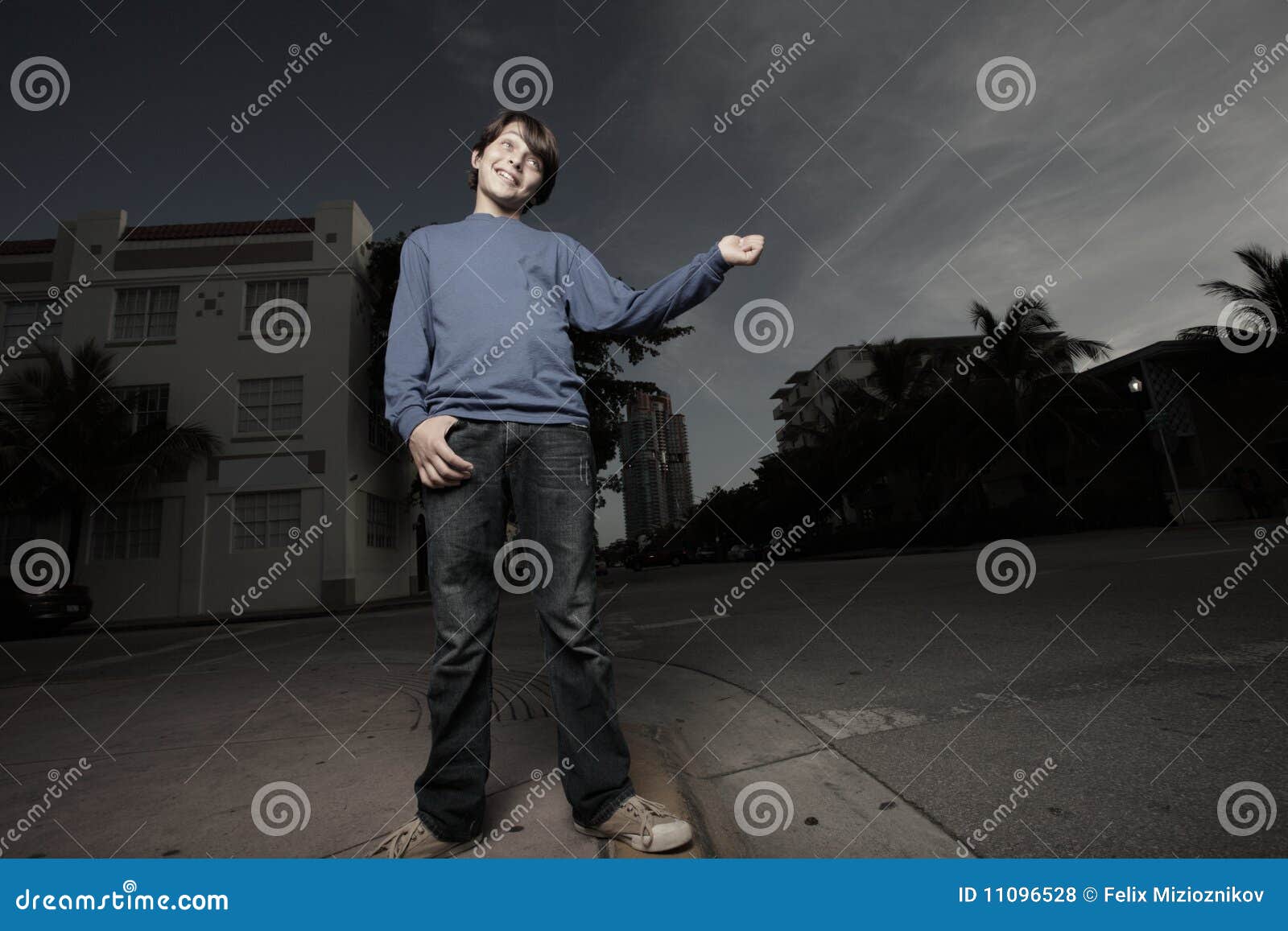 Young Boy Hitch Hiking at Night Stock Photo Image of gesture, alone