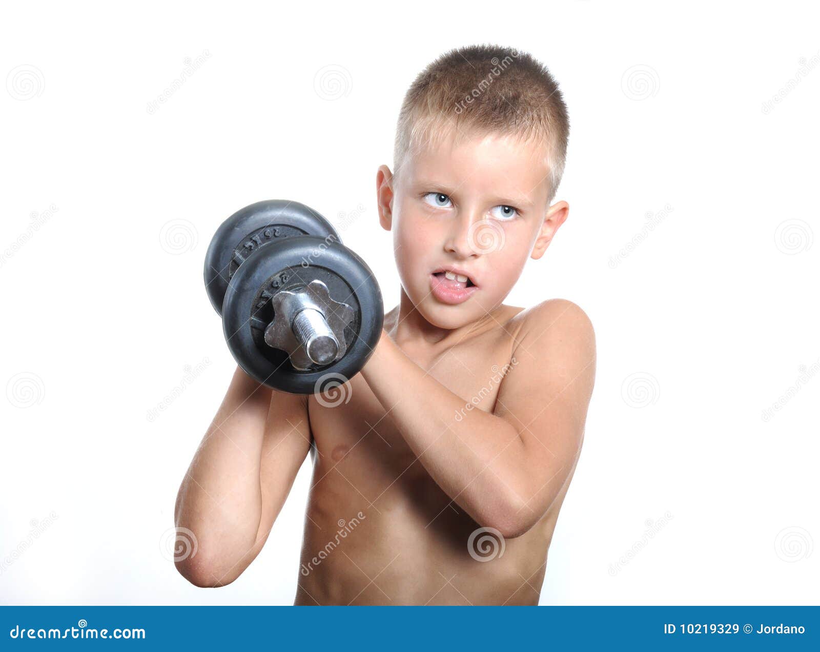 Young Boy Lifting a Very Heavy Dumbbell Stock Image Image of isolated