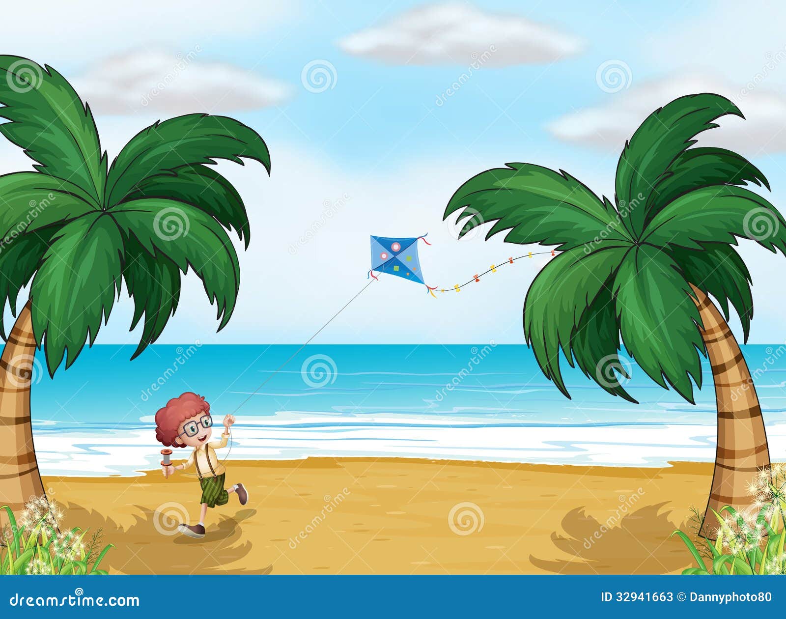 A Young Boy Playing With His Kite At The Beach Stock Vector - Image