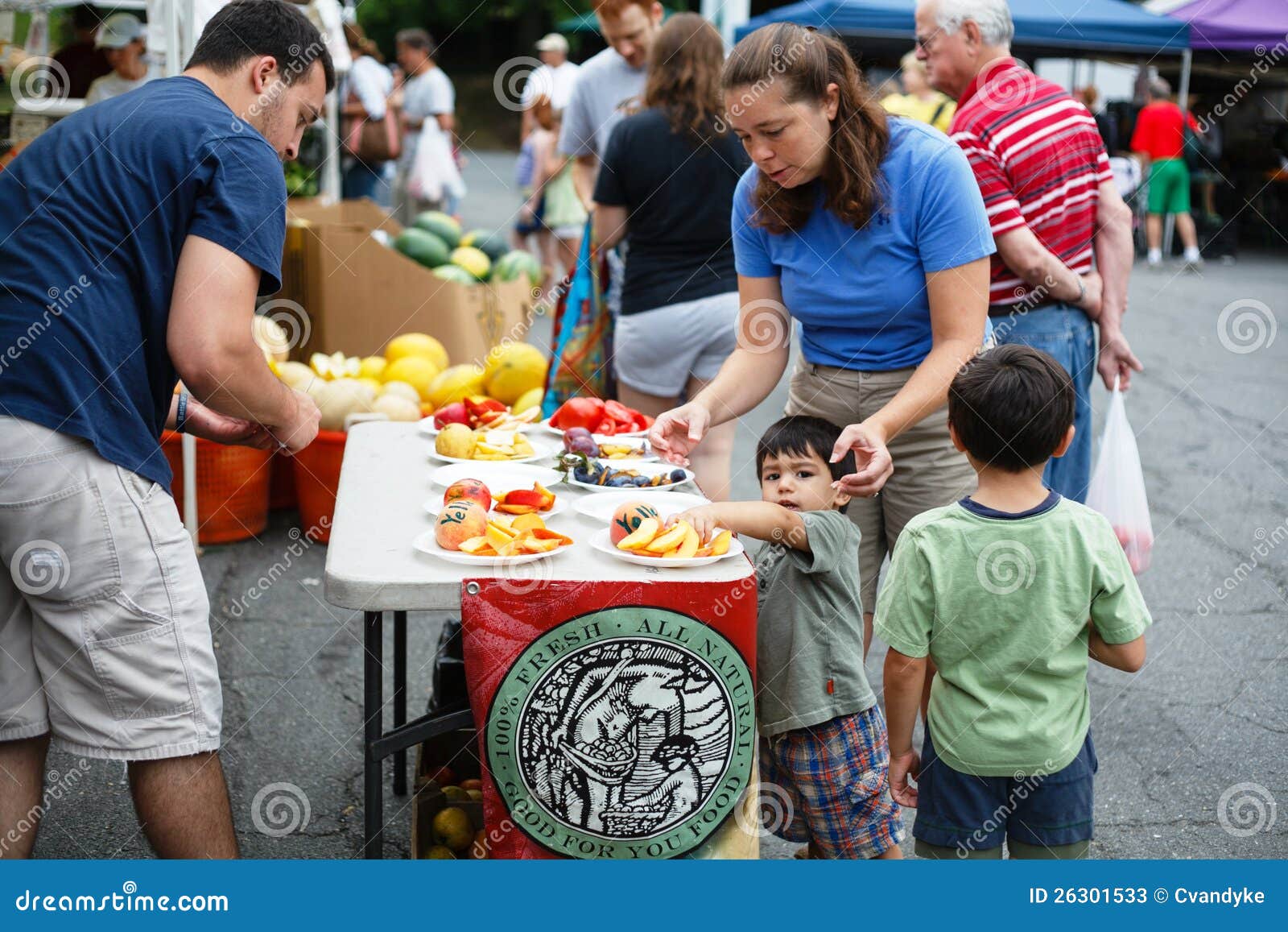 Young Boy Samples Fresh Fruit Farmer S Market Editorial Stock Photo