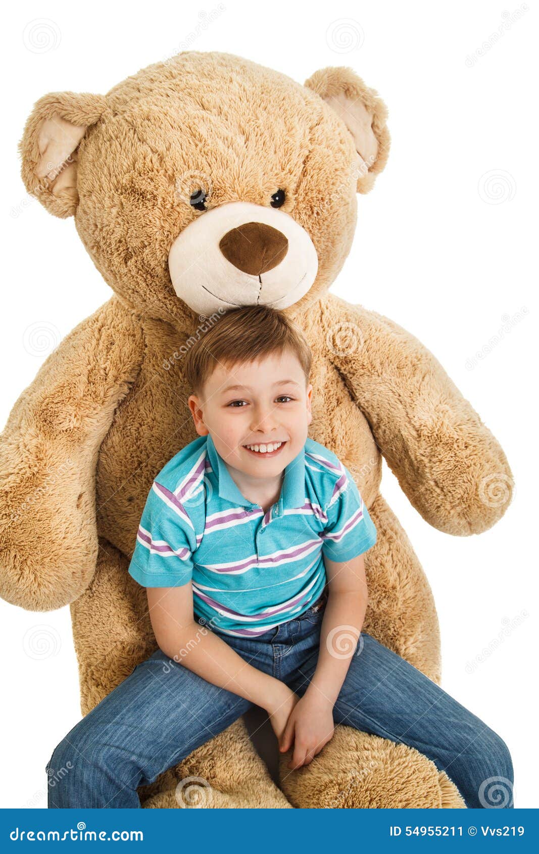 Young Boy Sitting at a Big Teddy Bear Isolated Stock Image - Image ...