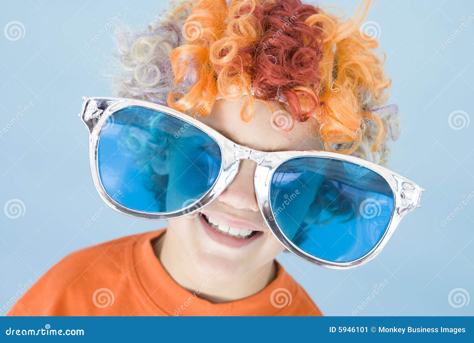 Young Boy Wearing Clown Wig and Sunglasses Smiling Stock Image Image