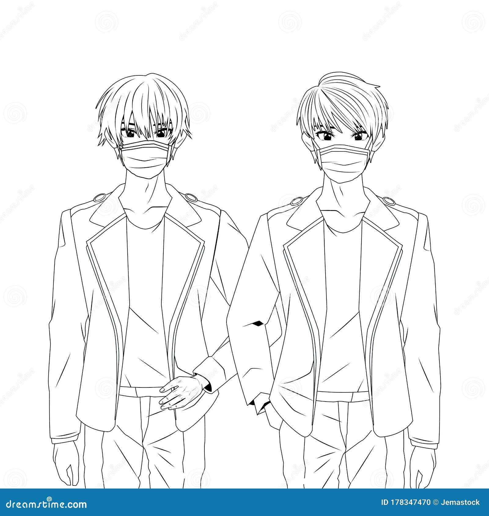 Young Boys Using Face Masks Anime Characters Stock Vector