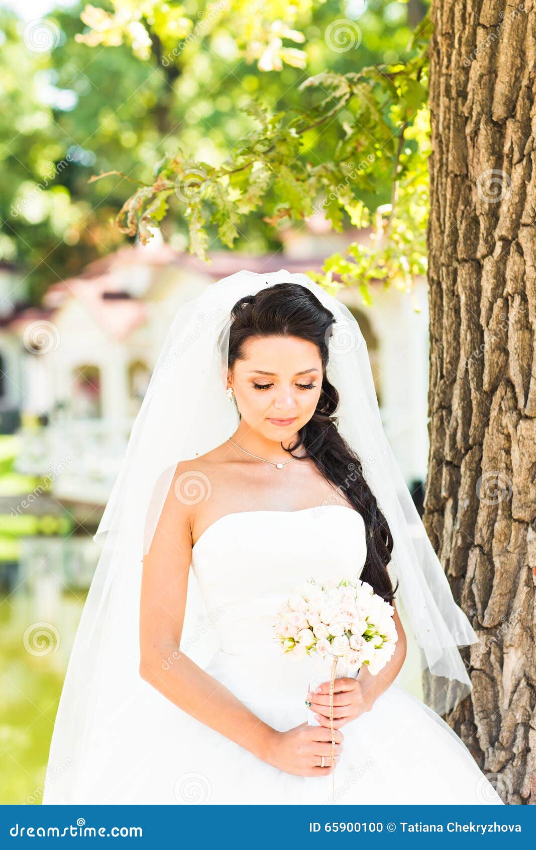 Young Bride in Wedding Dress Holding Bouquet Stock Photo Image of flower, 65900100