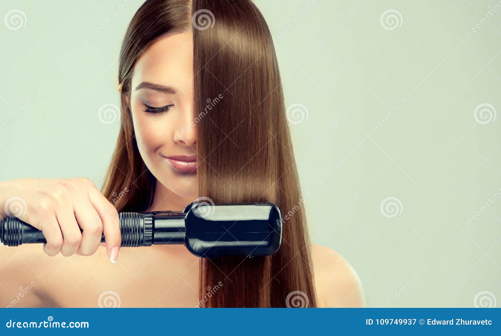 Young Woman is Demonstrating Process of Hair Straightening. Stock Image -  Image of cosmetology, elegance: 109749937