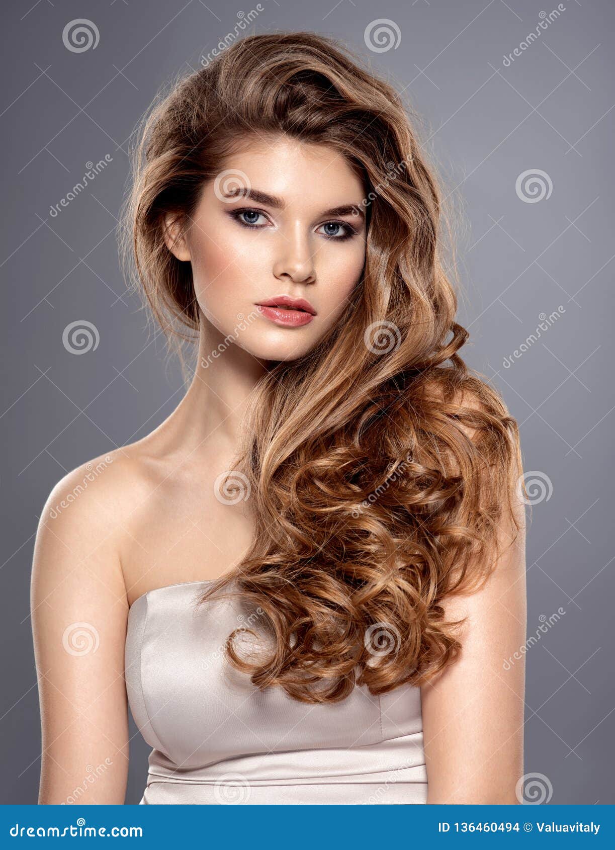 Young Brown Haired Woman With Long Curly Hair Stock Photo Image Of Portrait Brown 136460494