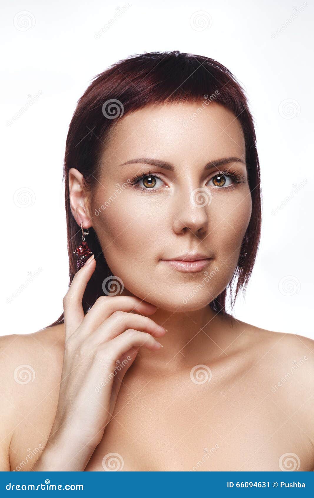 Young Brunette Girl With High Cheekbones On A White Background Stock Image Image Of Touching Hairstyle 66094631