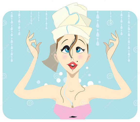 Young Brunette Taking A Shower With Curly Hair Stock Vector