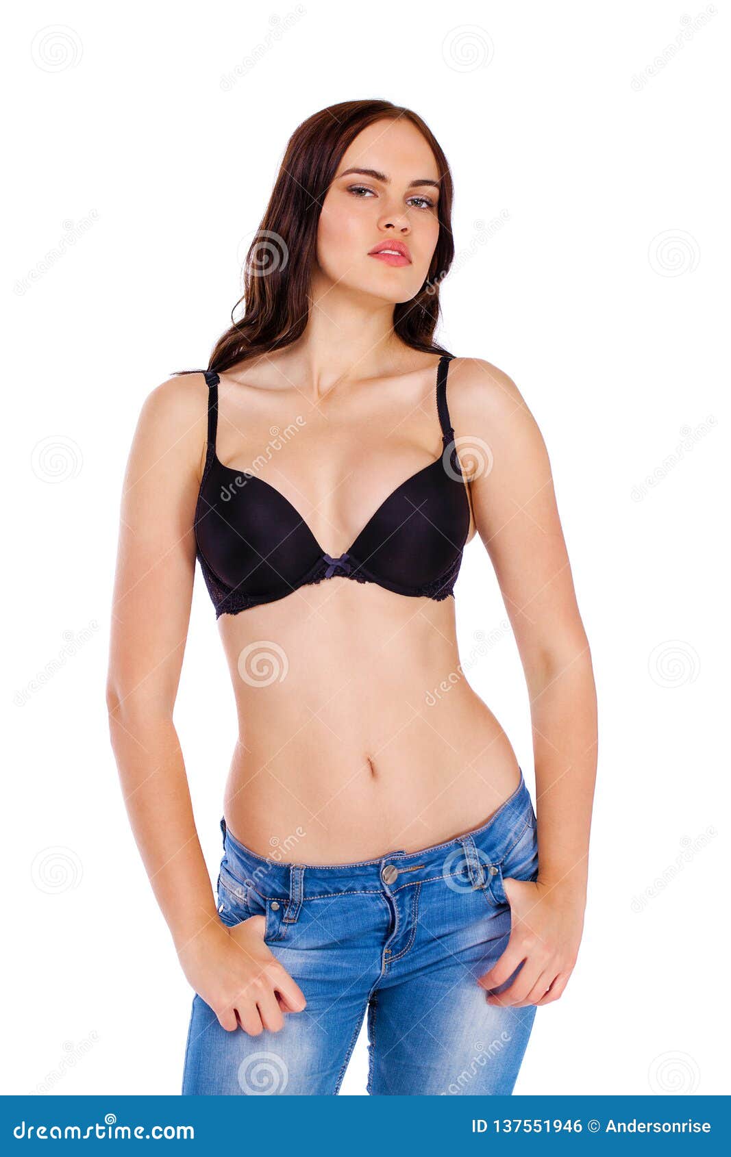 Young Woman In Black Bra And Panties Isolated On White Stock Photo