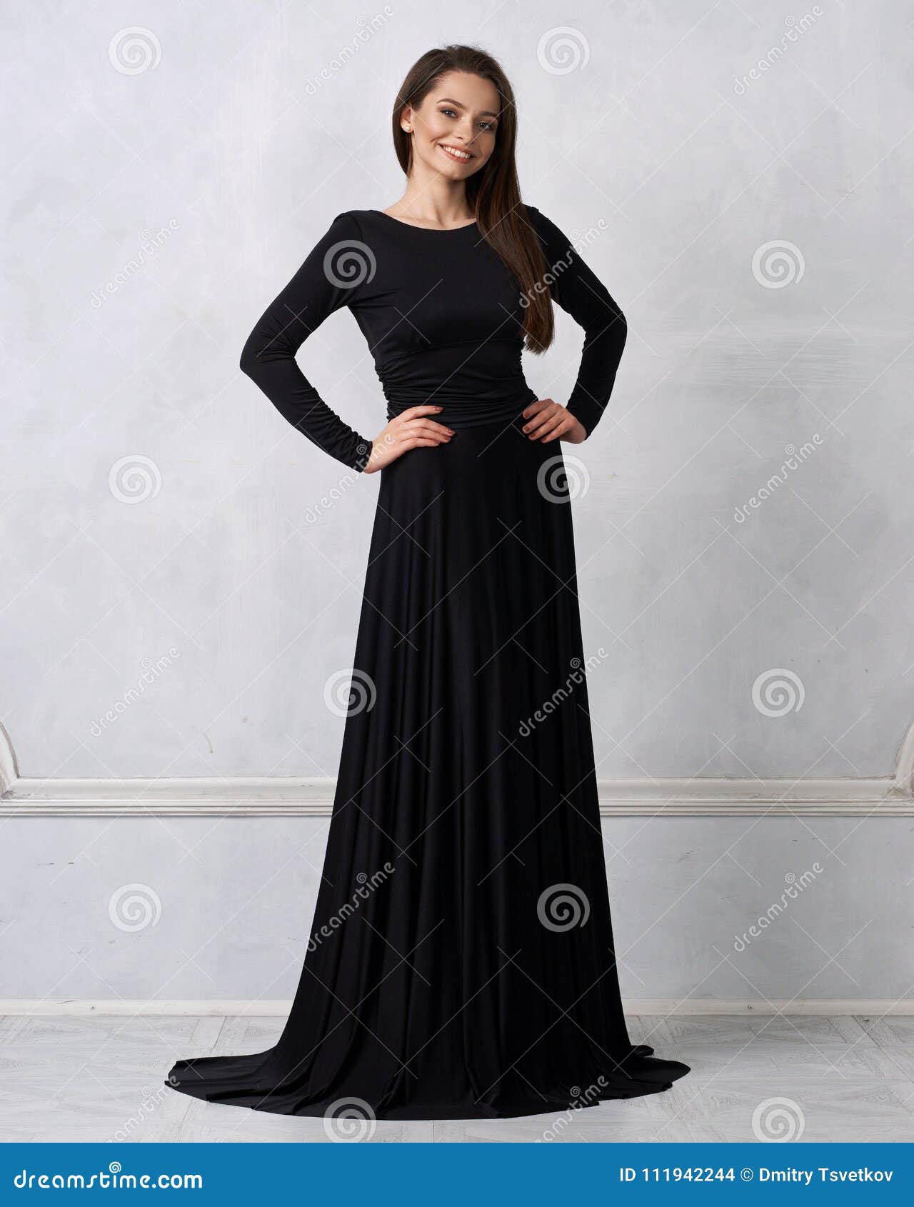 Young Brunette Woman in Black Evening Dress Stock Photo - Image of ...