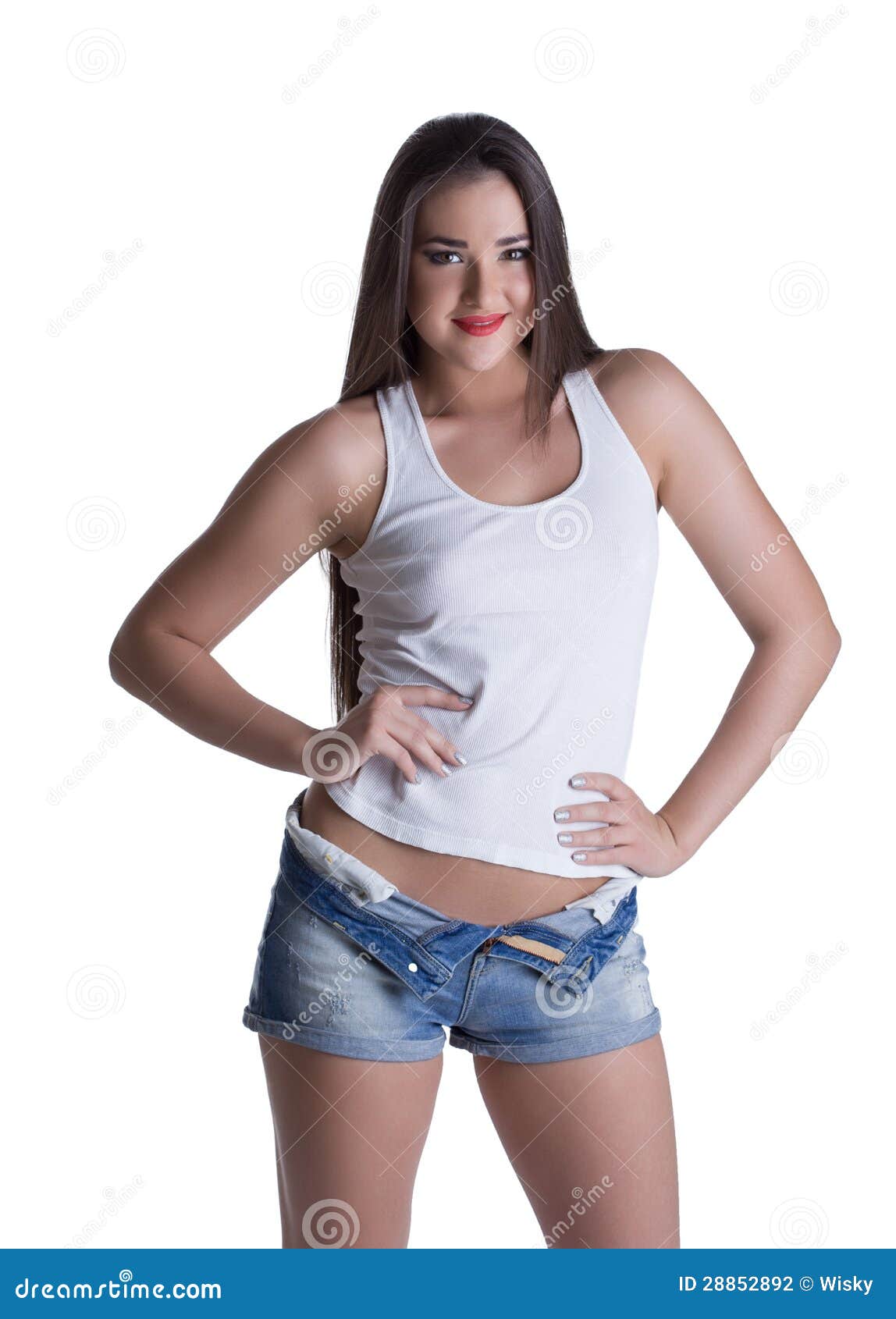 Young Brunette Woman in Denim Shorts and White Top Stock Photo - Image ...