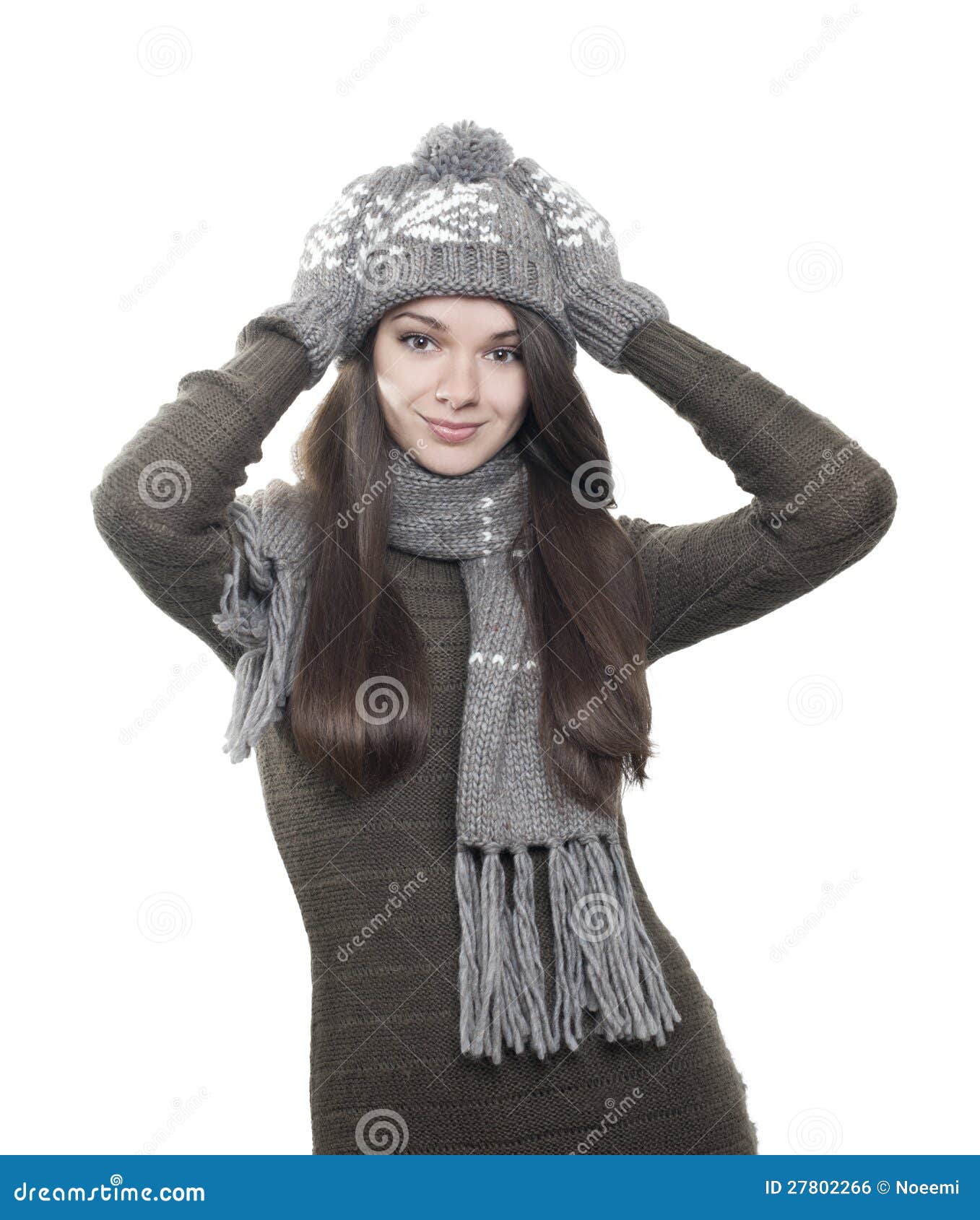 Young Brunette Woman In Hat, Gloves And Scarf On White Stock Photo ...