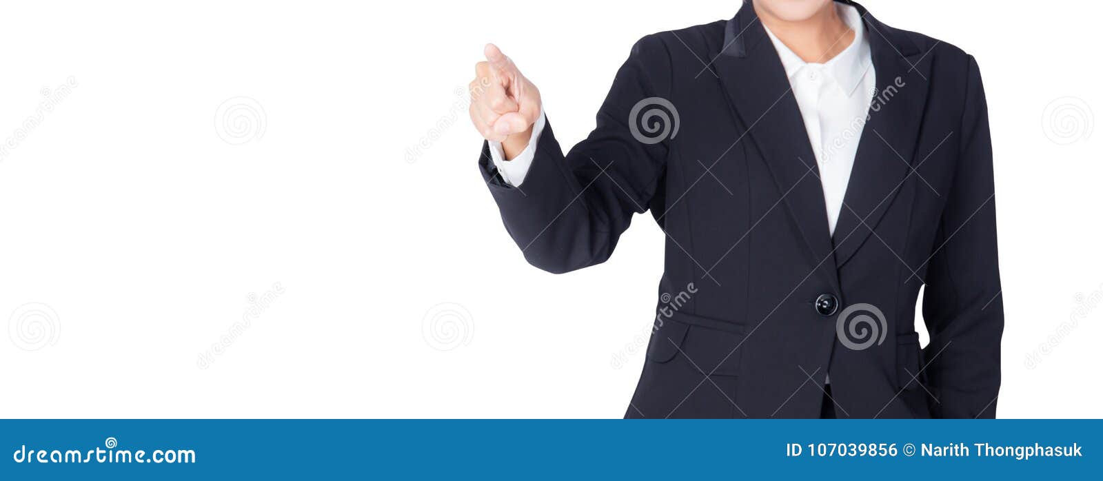young buisness woman with finger point up on white background