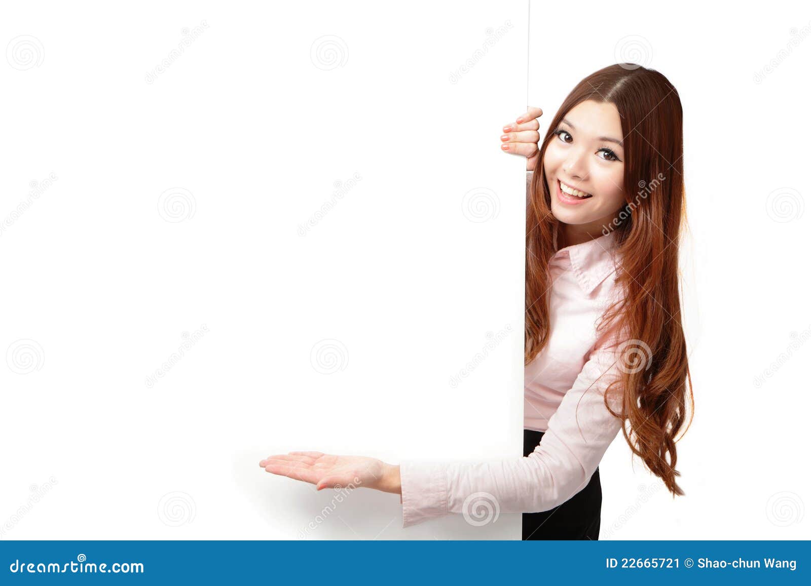 young business woman happy showing blank billboard