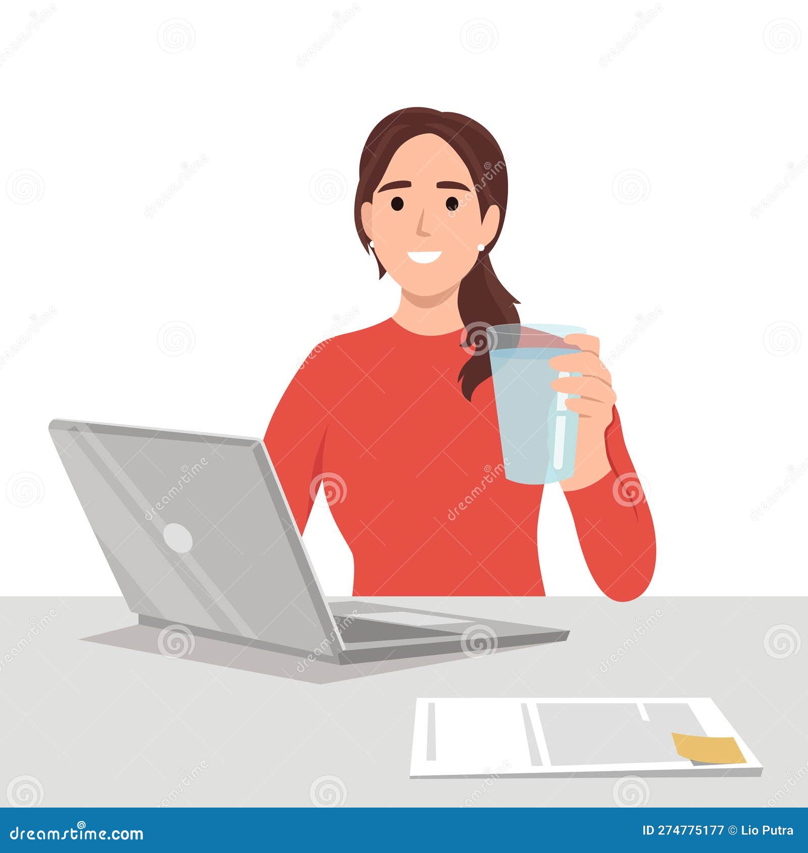 young business woman holding glass of water in front of desk with laptop. reminding people to stay hydrated and dont forget to