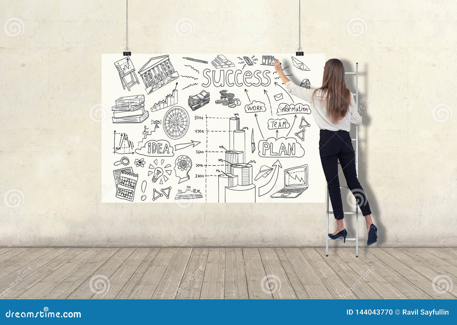 Young Woman Standing On A Ladder And Drawing A Business Plan Sketch On A White Banner 3d Render Elements In Collage Stock Photo Image Of Diagram Female