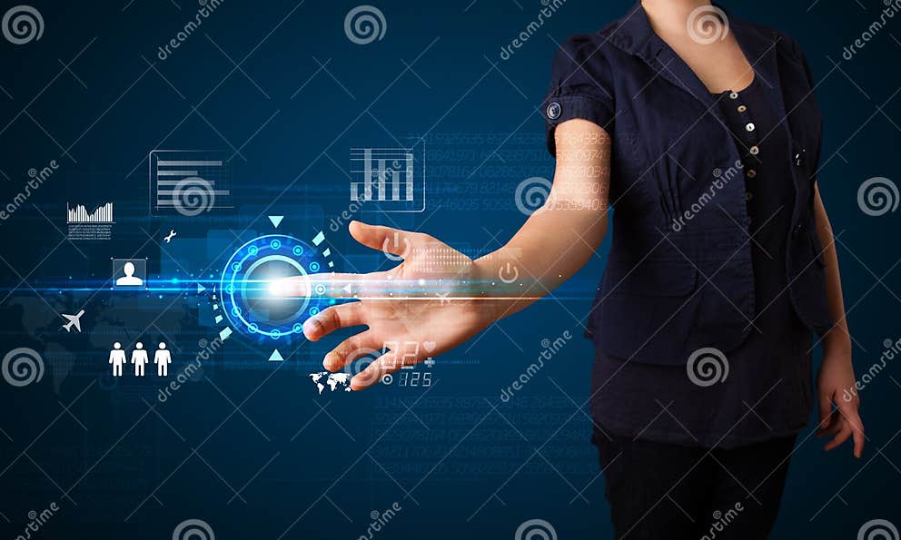 Young Business Woman Touching Future Web Technology Buttons and Stock ...