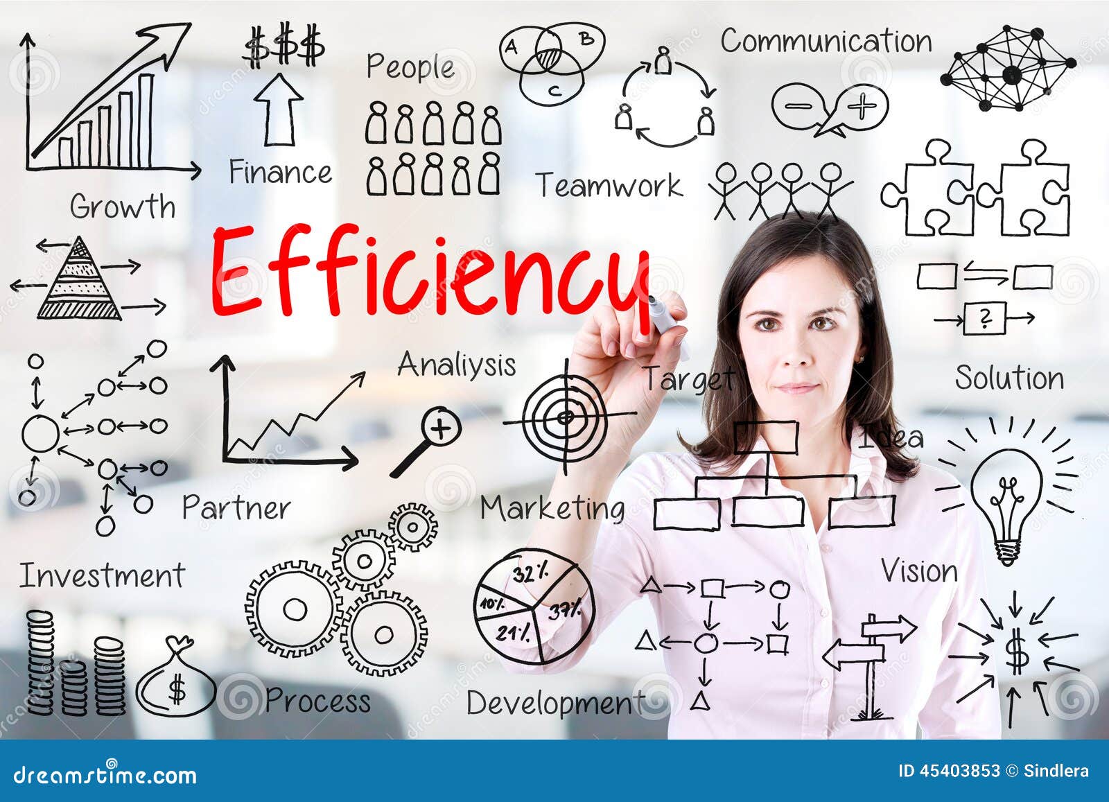 young business woman writing concept of efficiency business process. office background.