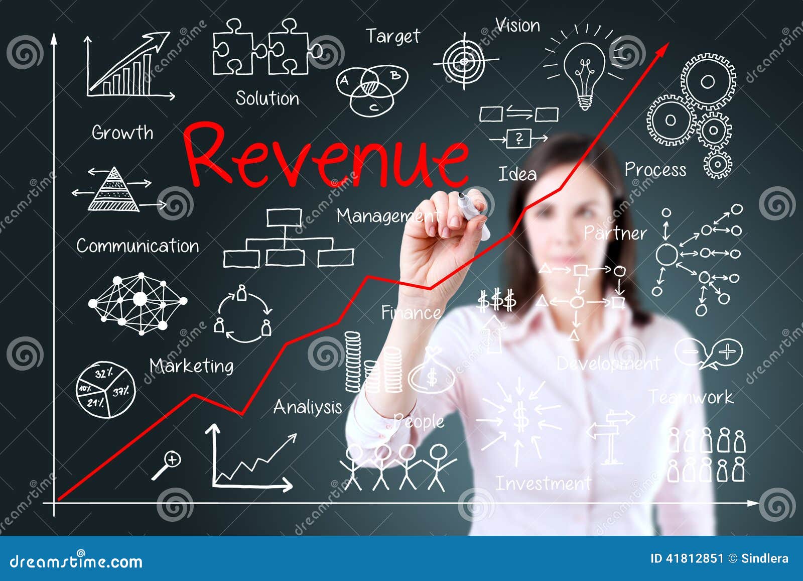 young business woman writing increased revenue graph. blue background.