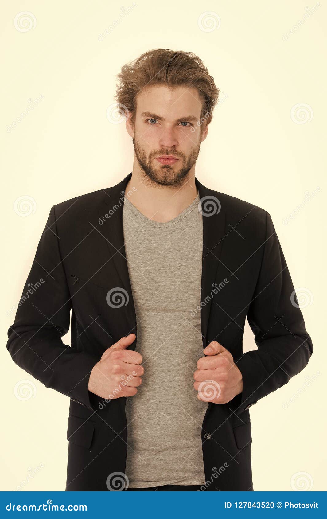 Young Businessman Wearing Grey Shirt and Black Jacket Stock Photo ...