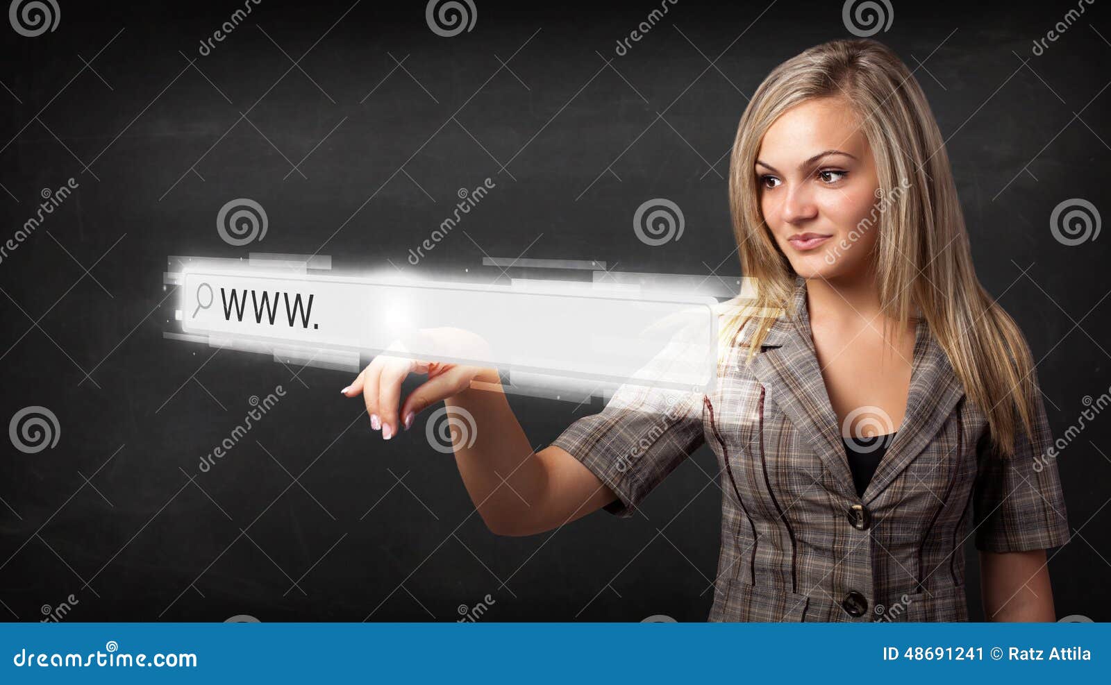young businesswoman touching web browser address bar with www si