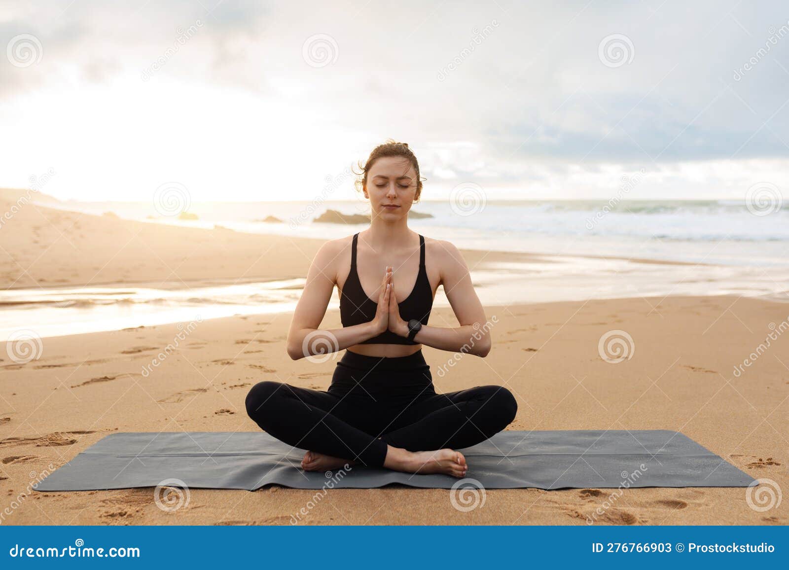 Yoga, in Calm Space Eyes Ocean, Sportswear Closed on Near - Stock enjoy: Image with Practicing of Beach Woman 276766903 fitness, Young Meditating Image Copy