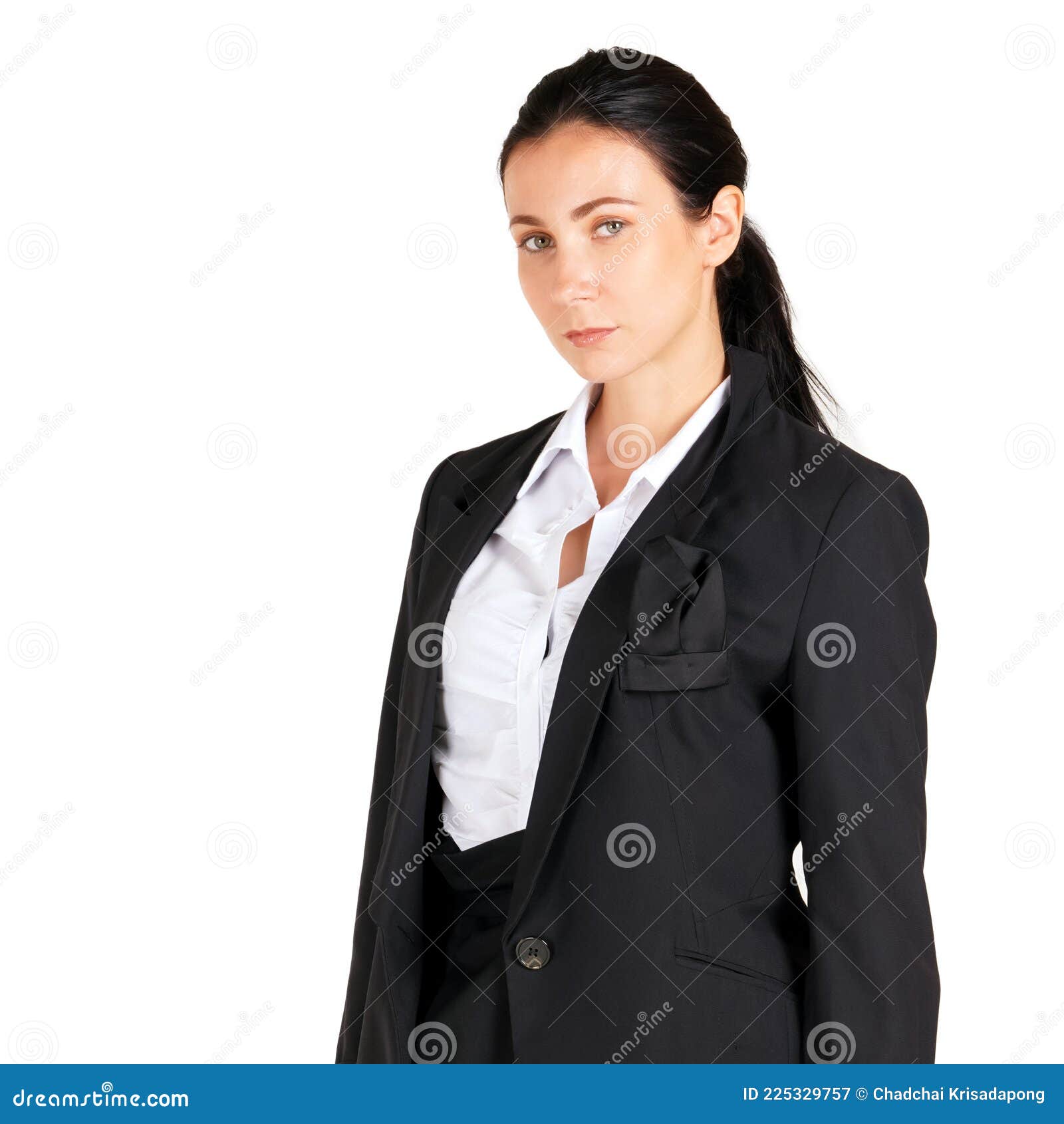 young cauasian business woman in white shirt and black suit standing in a white photography scene. portrait on white background