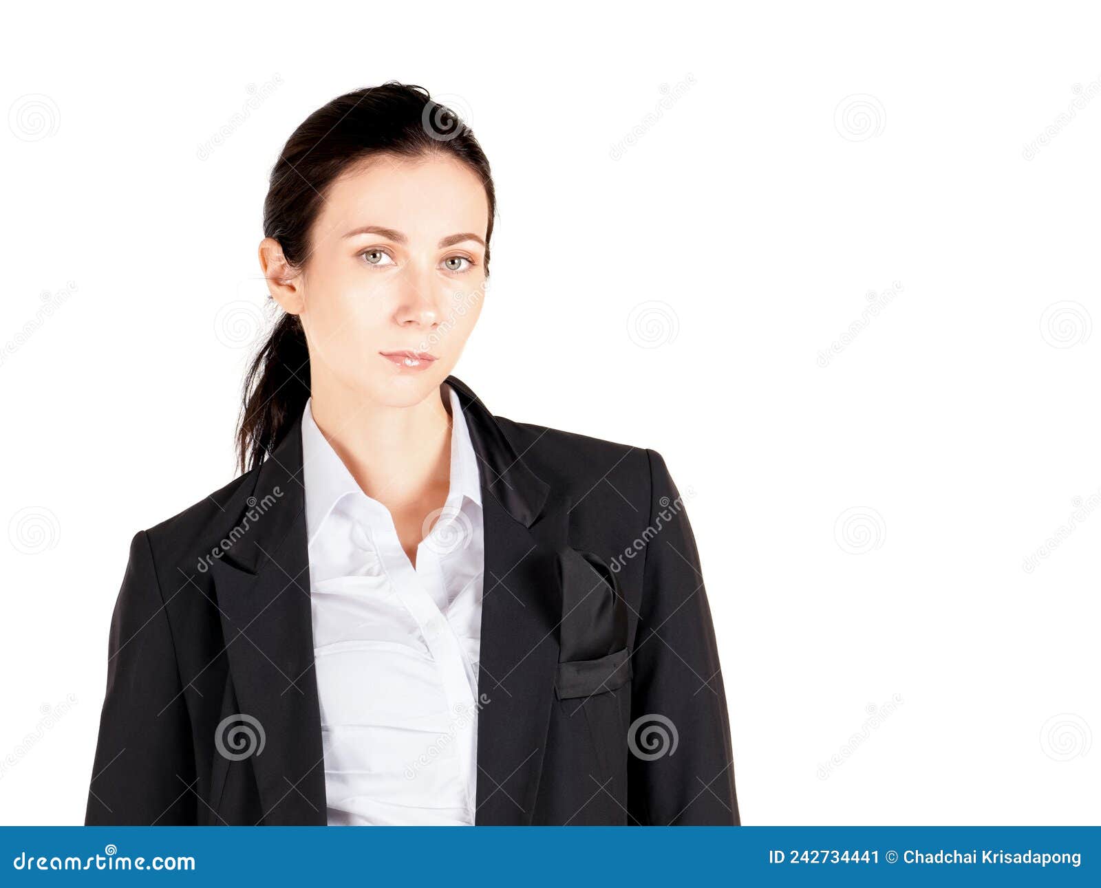 young cauasian business woman in white shirt and black suit standing in a white photography scene. portrait on white background