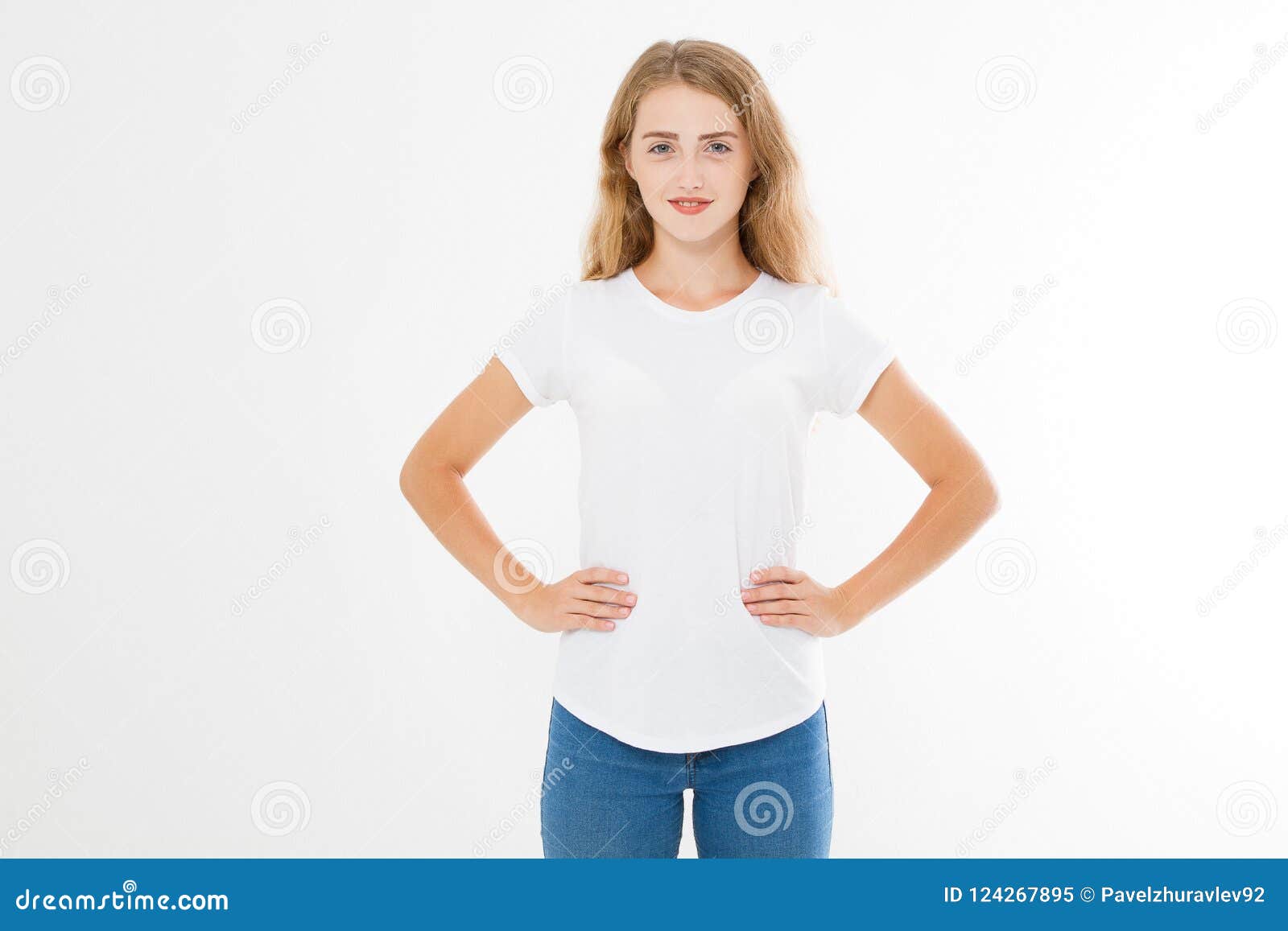 young caucasian, europian woman, girl in blank white t-shirt. t shirt  and people concept. shirts front view 