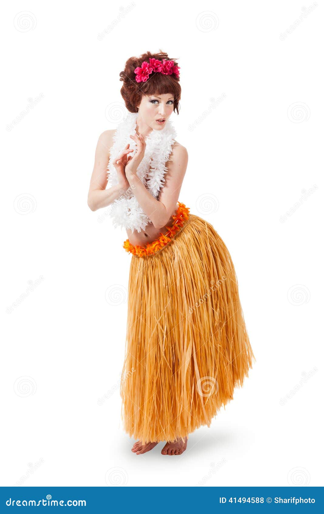 A Young Adult Female In A Traditional Grass Skirt And Lei Dances The Hula  And Smiles High-Res Stock Photo - Getty Images