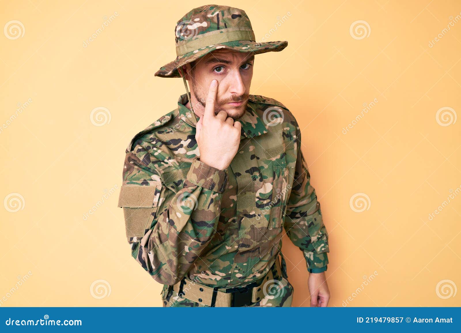 Young Caucasian Man Wearing Camouflage Army Uniform Pointing To ...