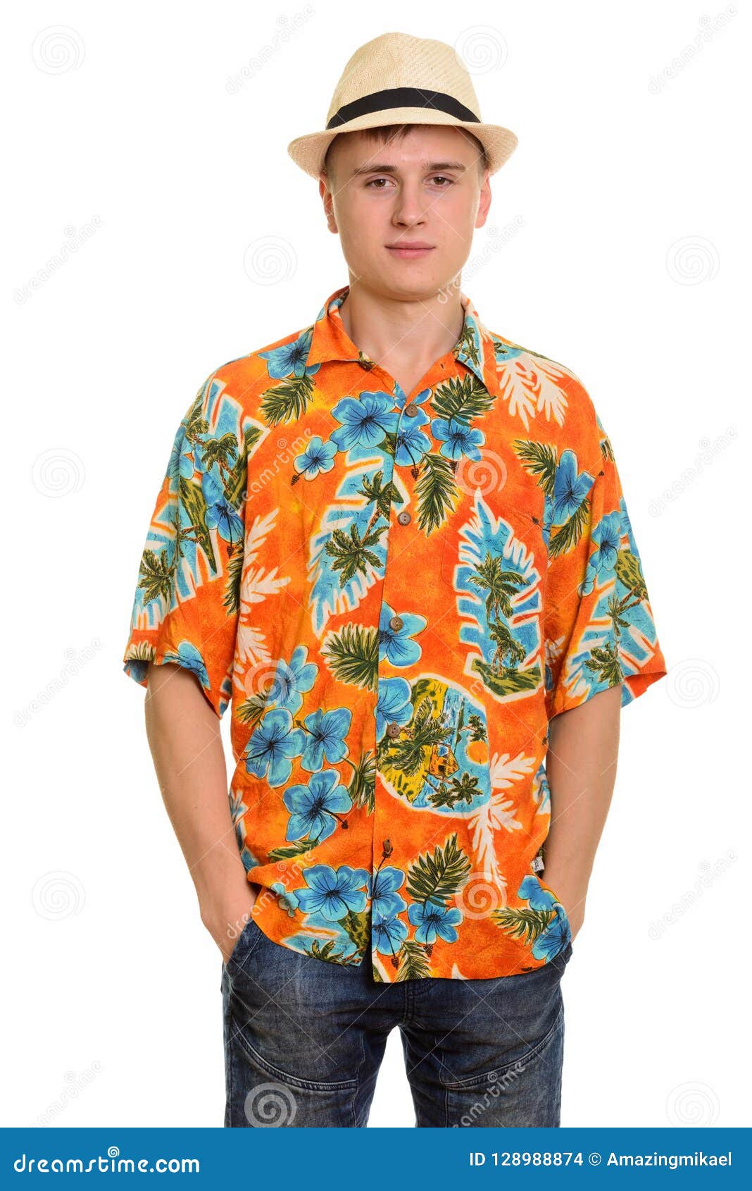 Young Caucasian Tourist Man With Hawaiian Shirt And Hat Ready For ...