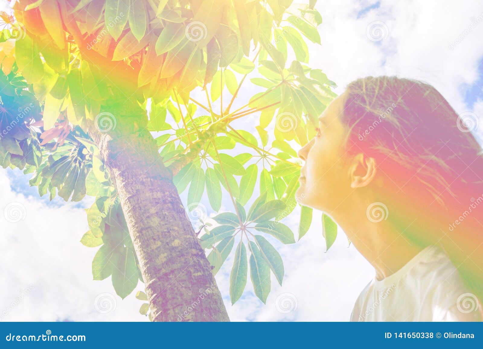 young caucasian woman girl with long hair standing under tree looking up in the sky green foliage. contemplation tranquility