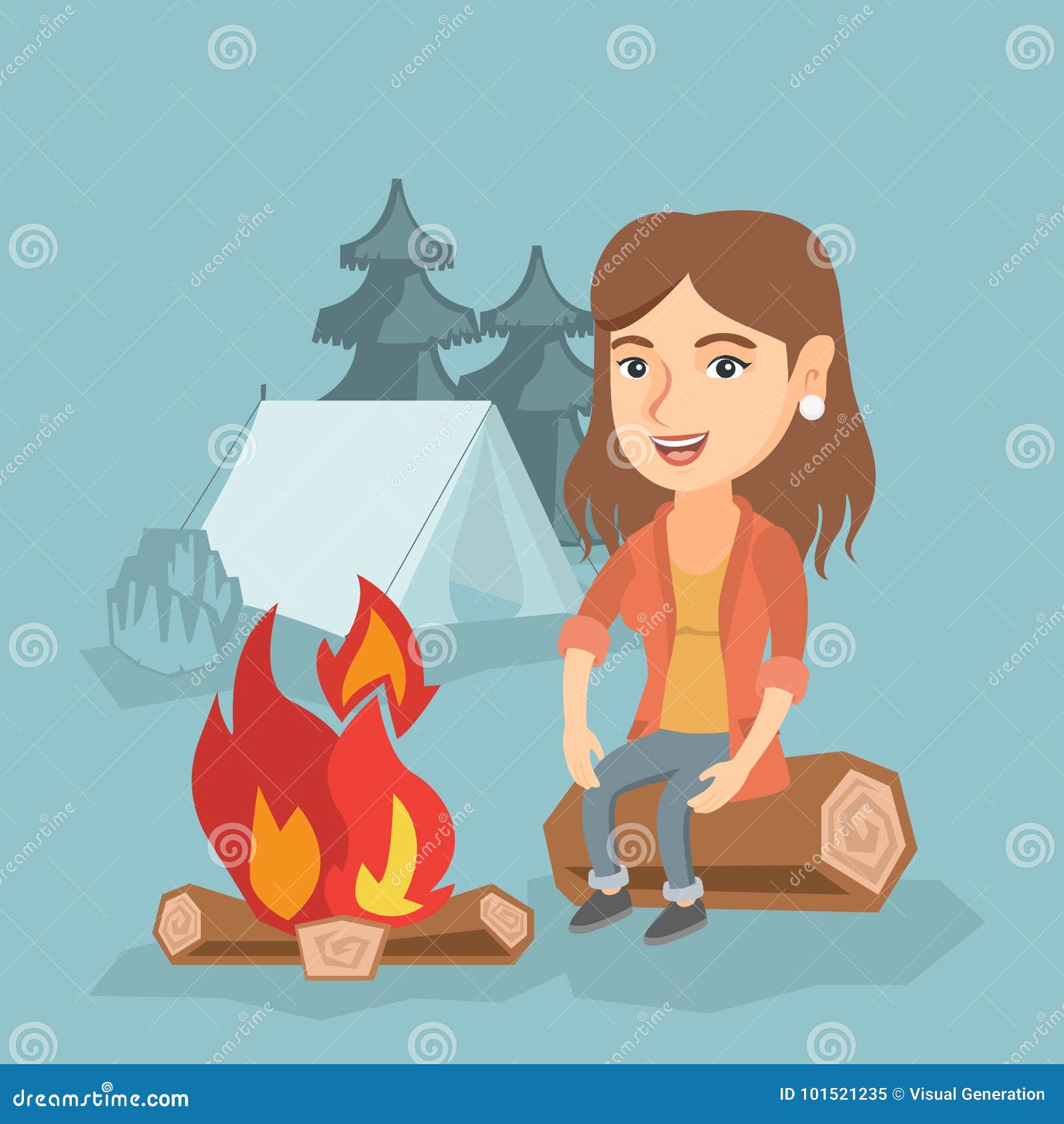 Woman Sitting On Log Near Campfire In The Camping. Stock ...