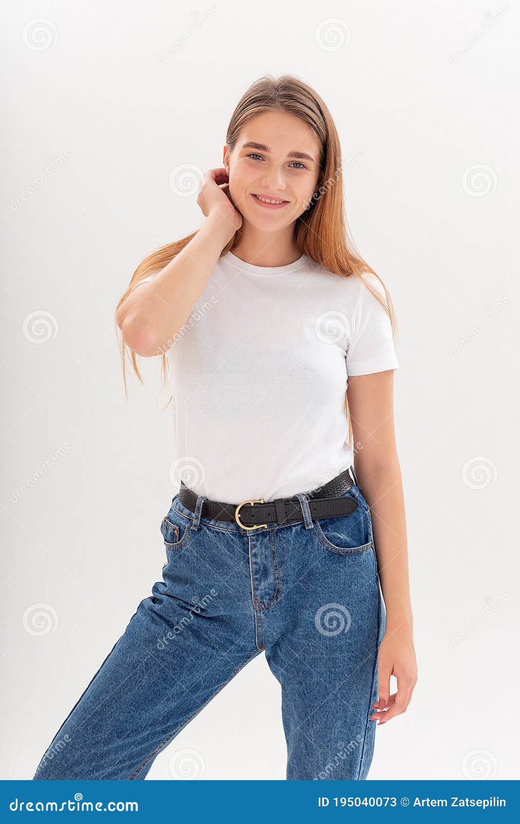 Young Caucasian Woman in T-shirt and Blue Jeans Isolated on White ...