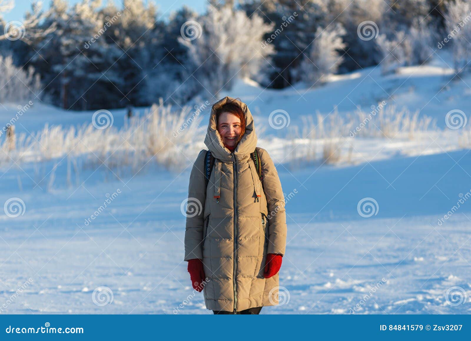 Young Cheerful Woman Walking at the Winter Cold Sunny Day on the ...