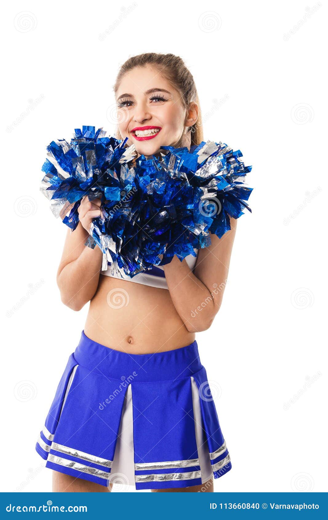 Young Cheerleader In Blue And White Suit With Pompoms On White Background Isolated On White Background Stock Photo Image Of School Athlete