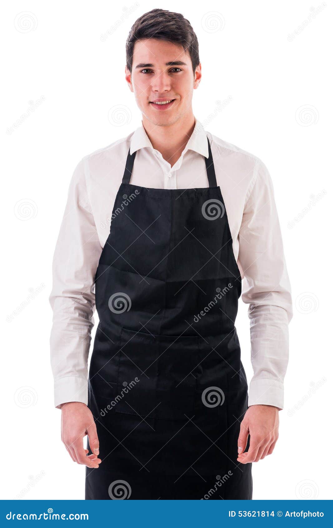 young chef or waiter wearing black apron 