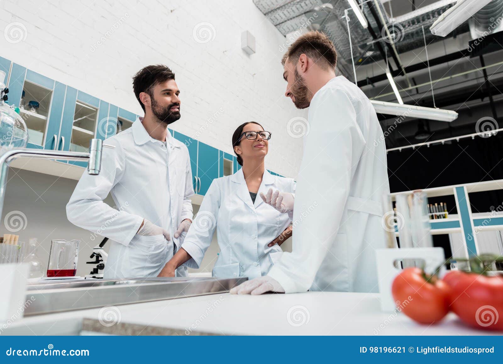 Young Chemists in White Coats Standing and Talking in Laboratory Stock