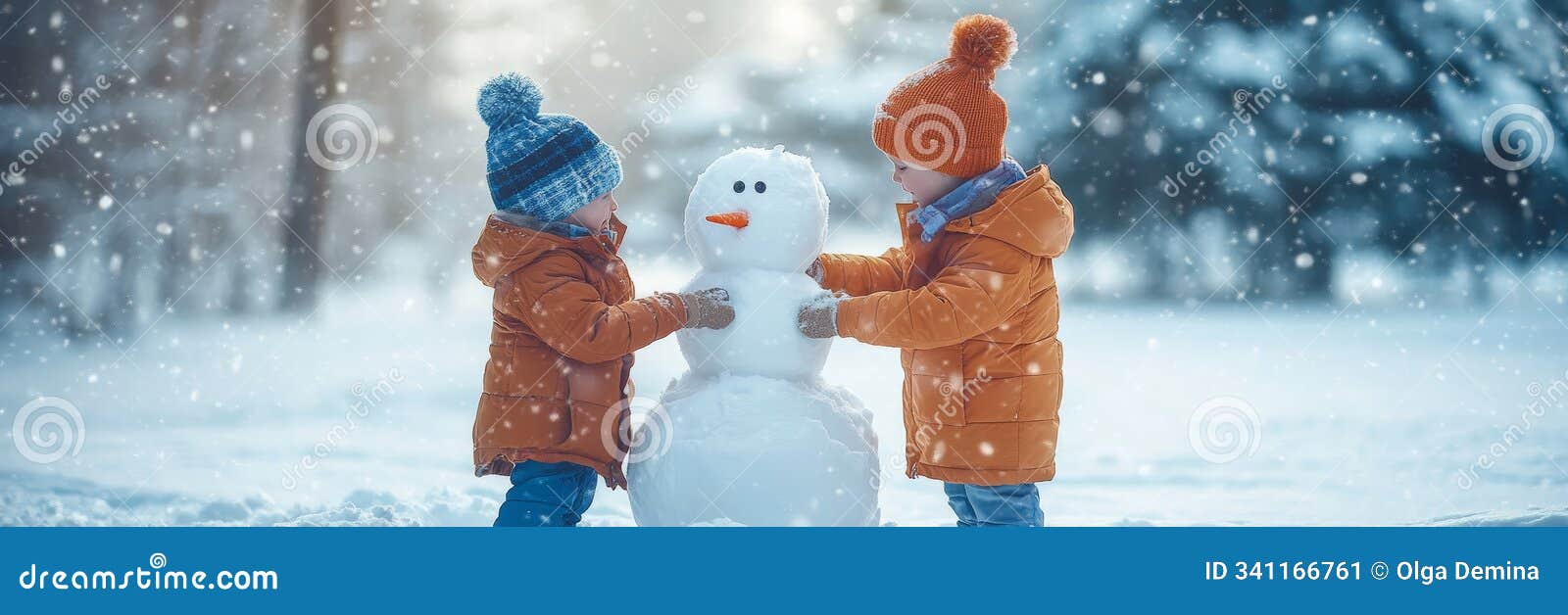 young children engage in building a snowman on a bright winter day. family traditions in winter holidays