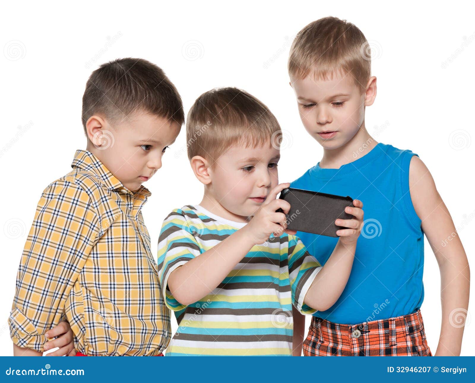 young children plaing with a new gadget