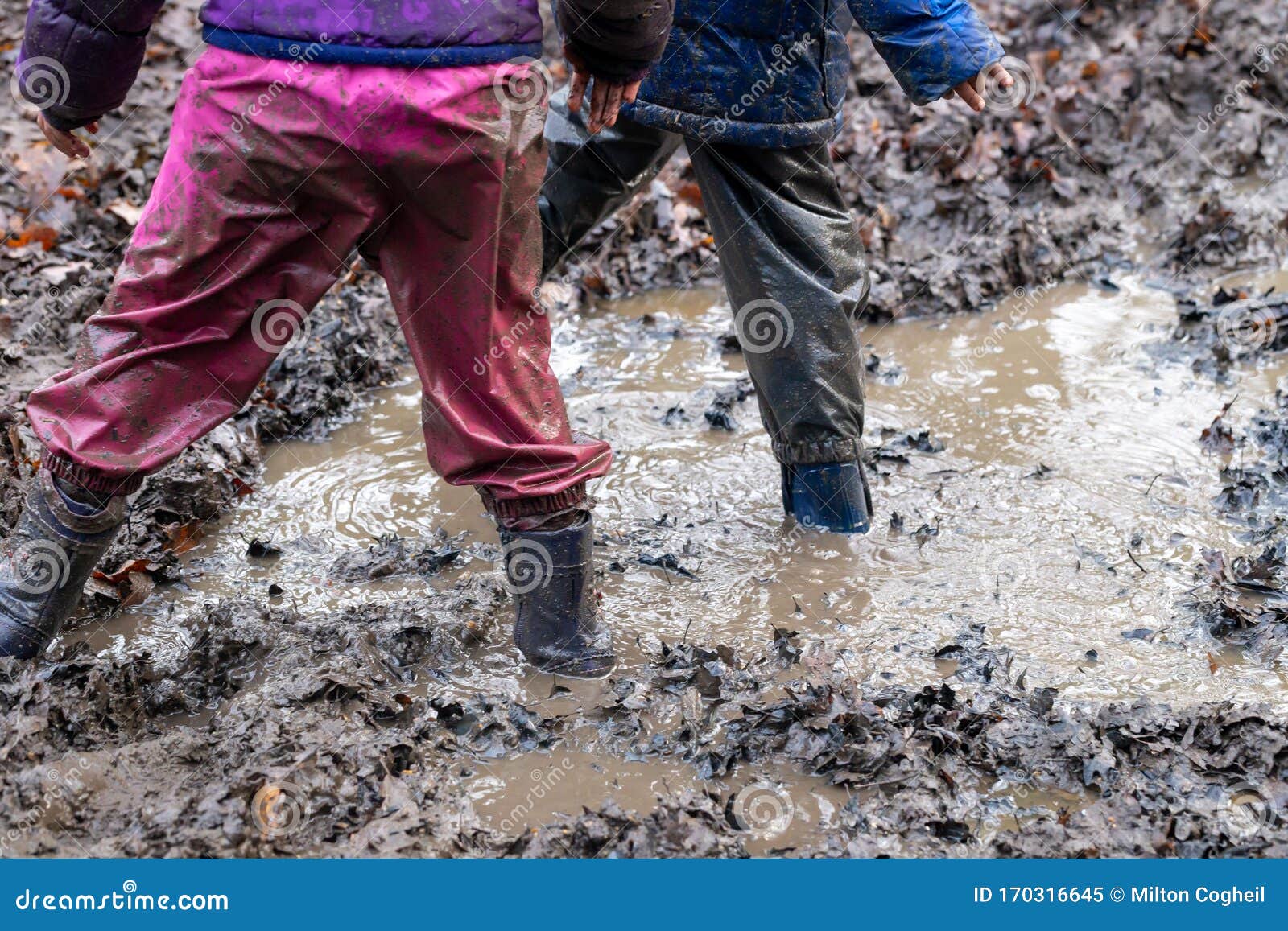 Young Children Playing In A Mud Puddle Stock Photo - Image 
