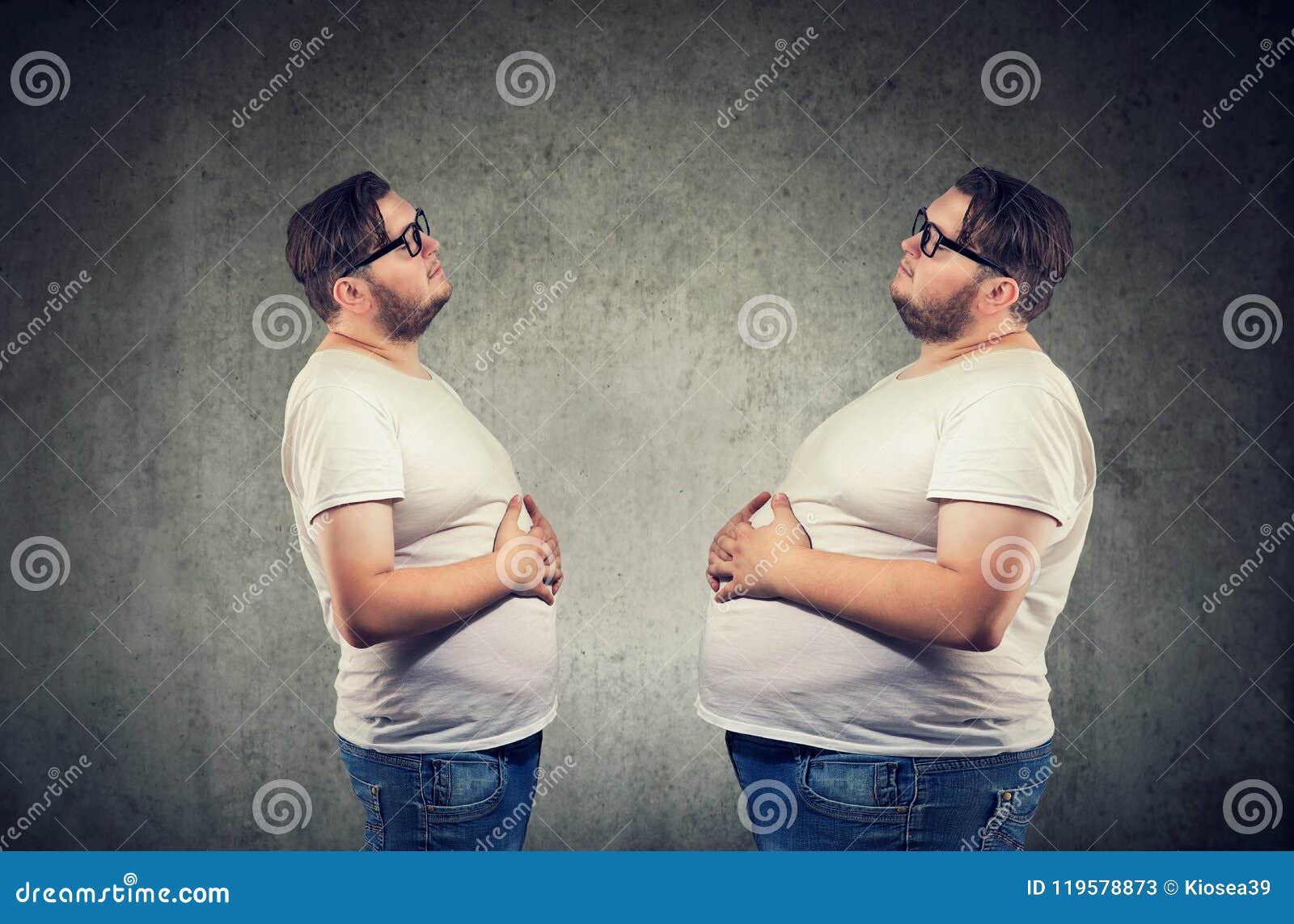 Young Chubby Man Looking At Fat Himself Feeling Bloated Stock Im