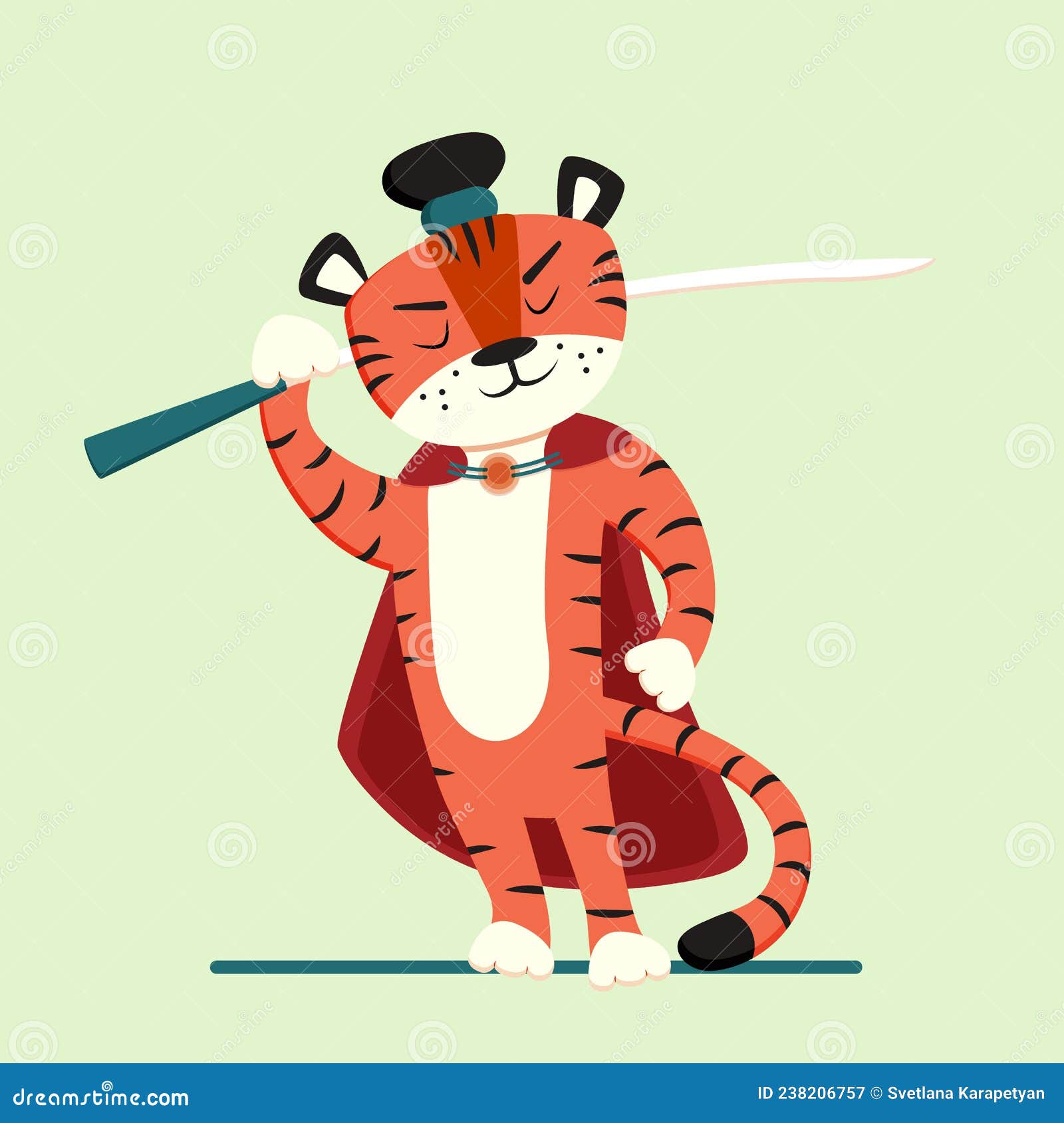 Young Samurai Warrior Man Standing And Holding A Sword. Wearing Kimono