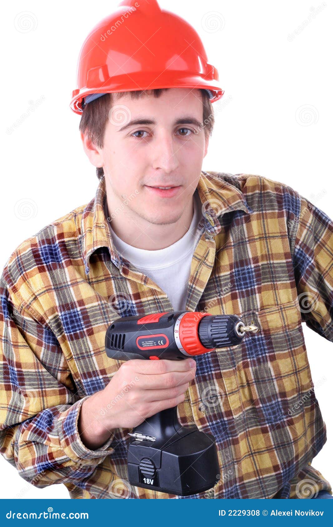 Young construction worker with cordless drill, isolated on white