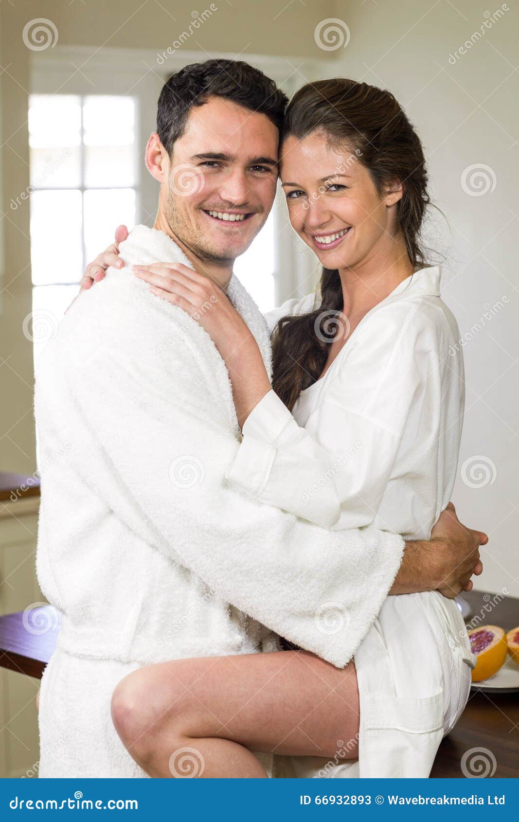 Young Couple in Bathrobe Cuddling Each Other Stock Image Image of