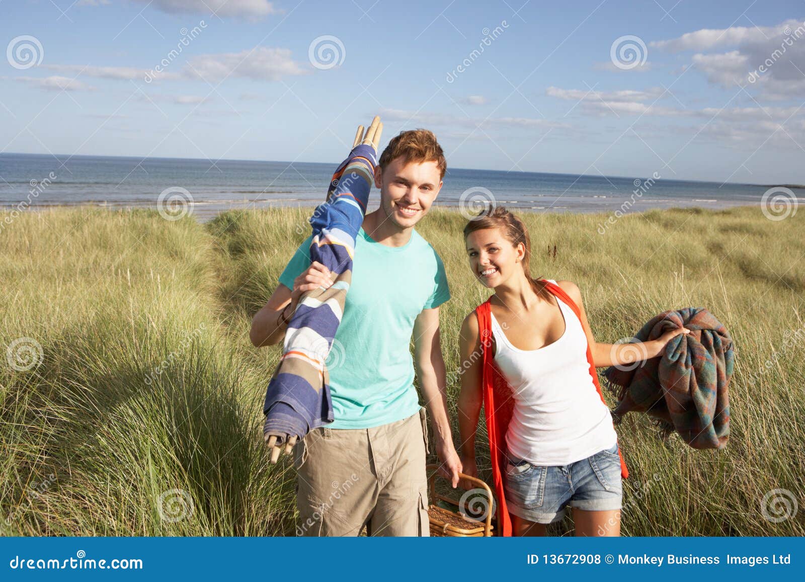 young couple carrying picnic basket and windbreak