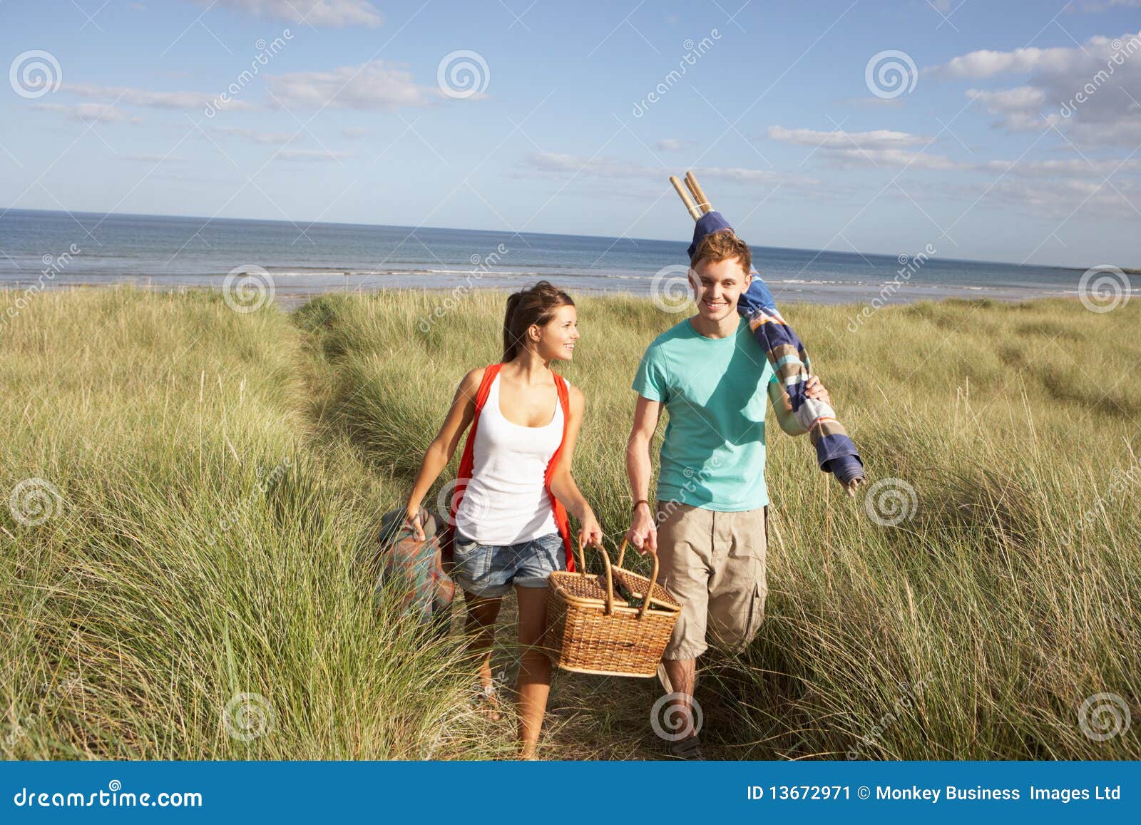 young couple carrying picnic basket and windbreak