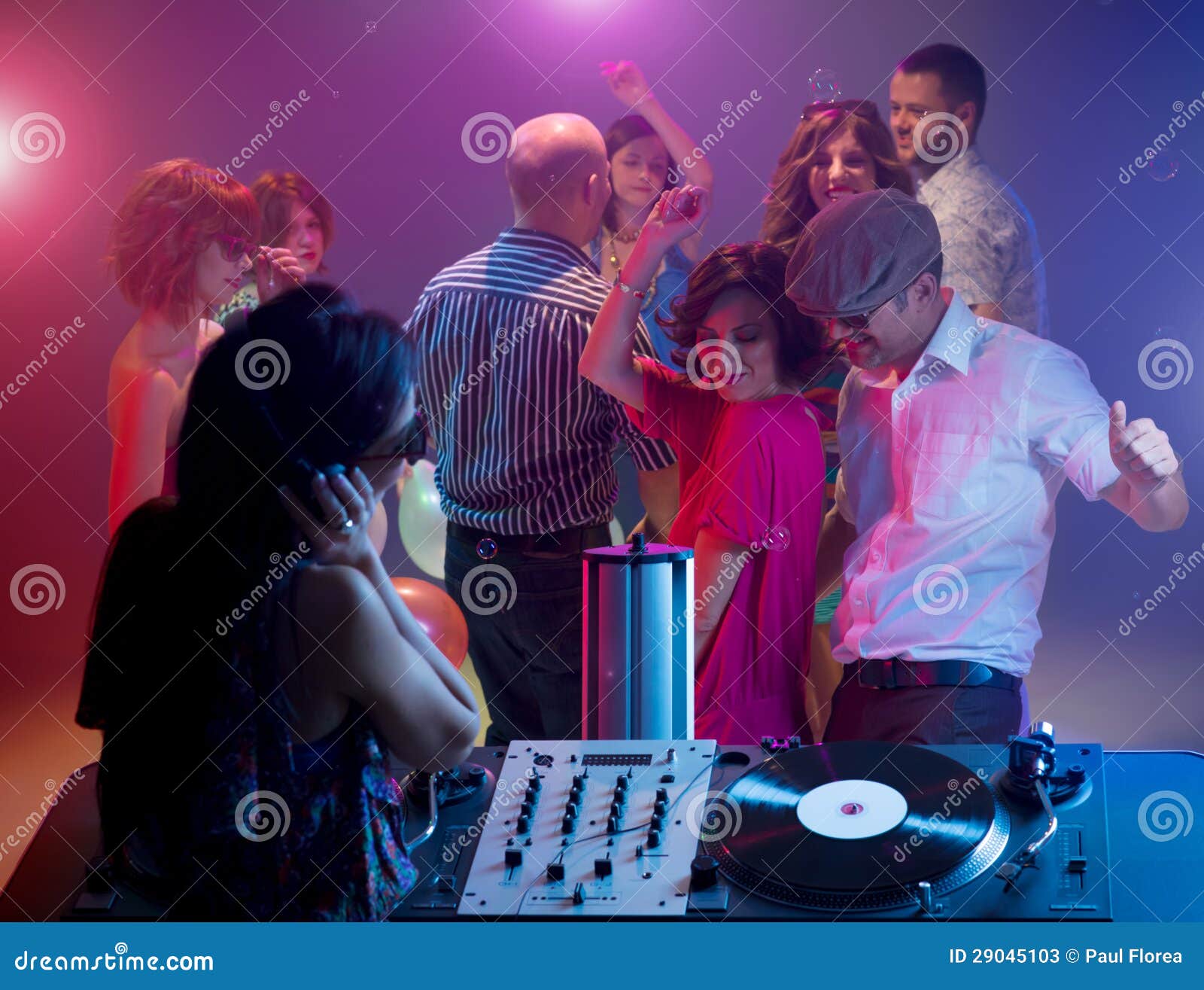 Young Couple Dancing at Party with Female Dj Stock Image - Image of ...