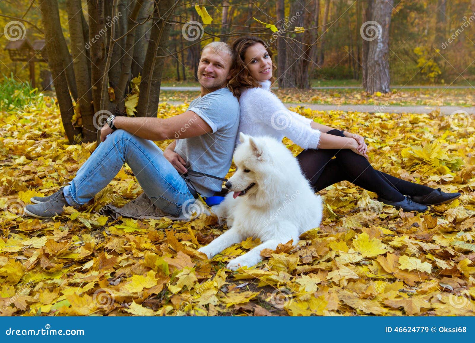 Young Couple with a Dog in the Autumn Forest Stock Image Image of romance, adult 46624779